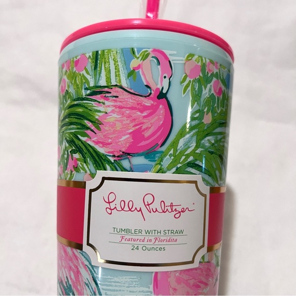 Lilly Pulitzer Flamingo Tumbler with Straw Blue/Pink Multi 24oz - Picture 3 of 13